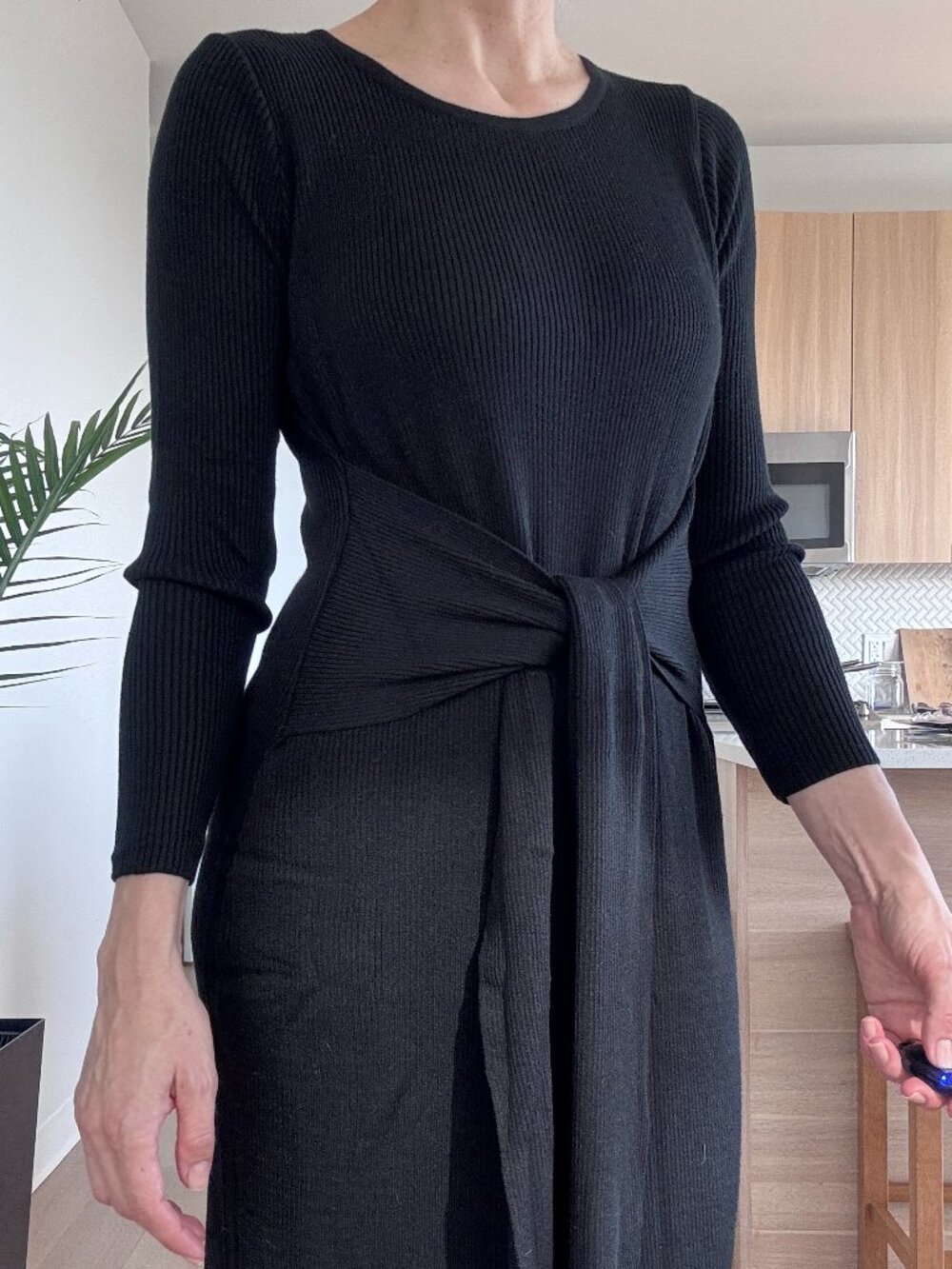 Black Ribbed Knit Midi Dress Convertible Tie Waist